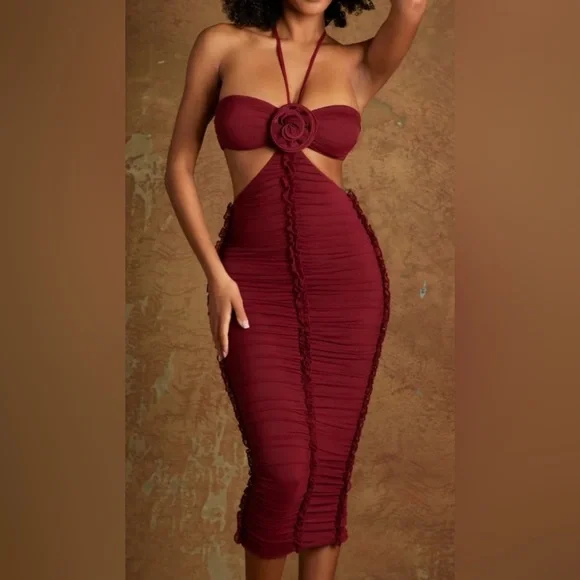 knee length dresses for ladies Strapless Corset Midi Dress in Wine Red - 2 / Regular
